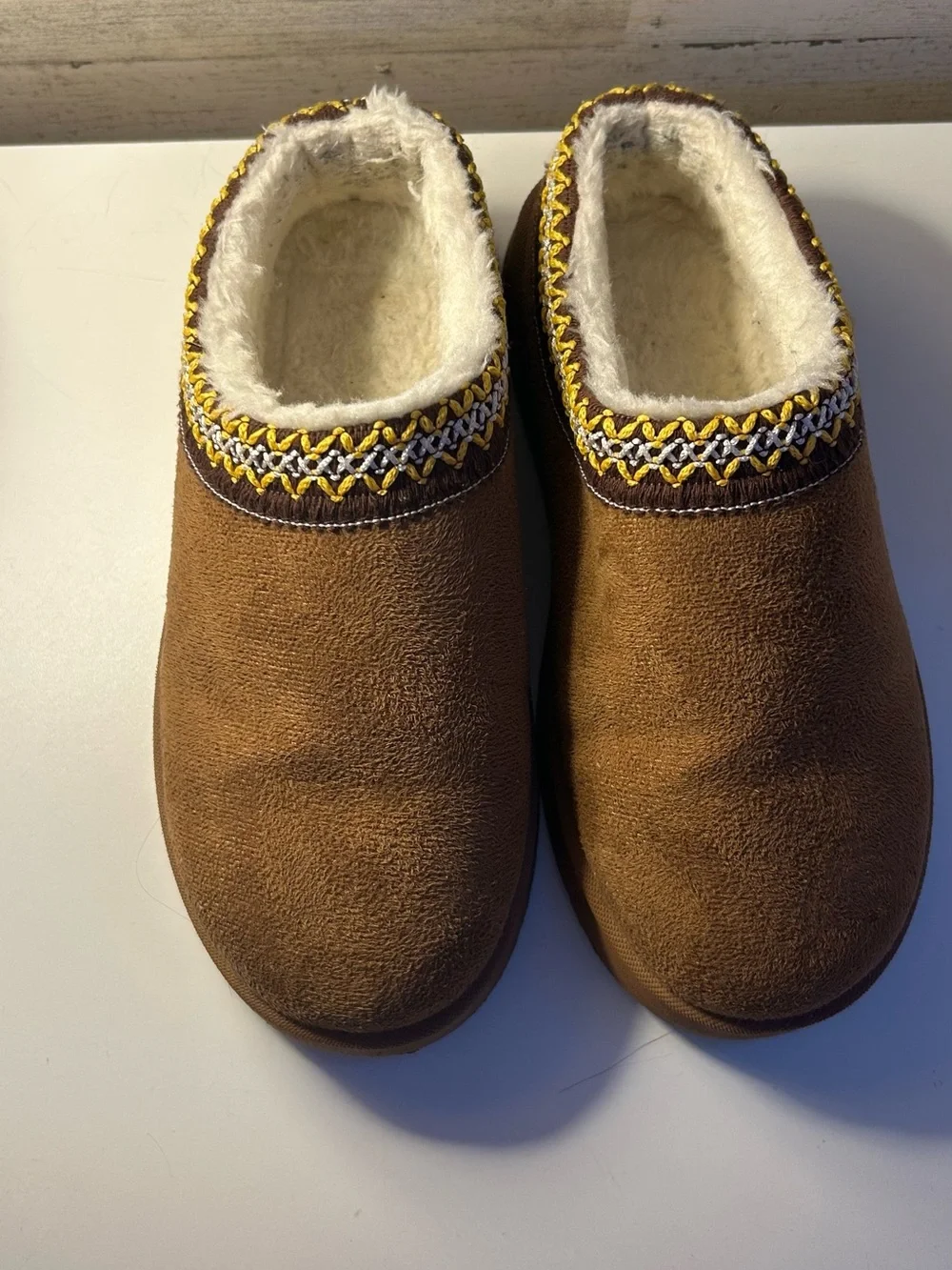 Kids Cozy Brown Suede Slip-On Slippers with Sherpa Trim